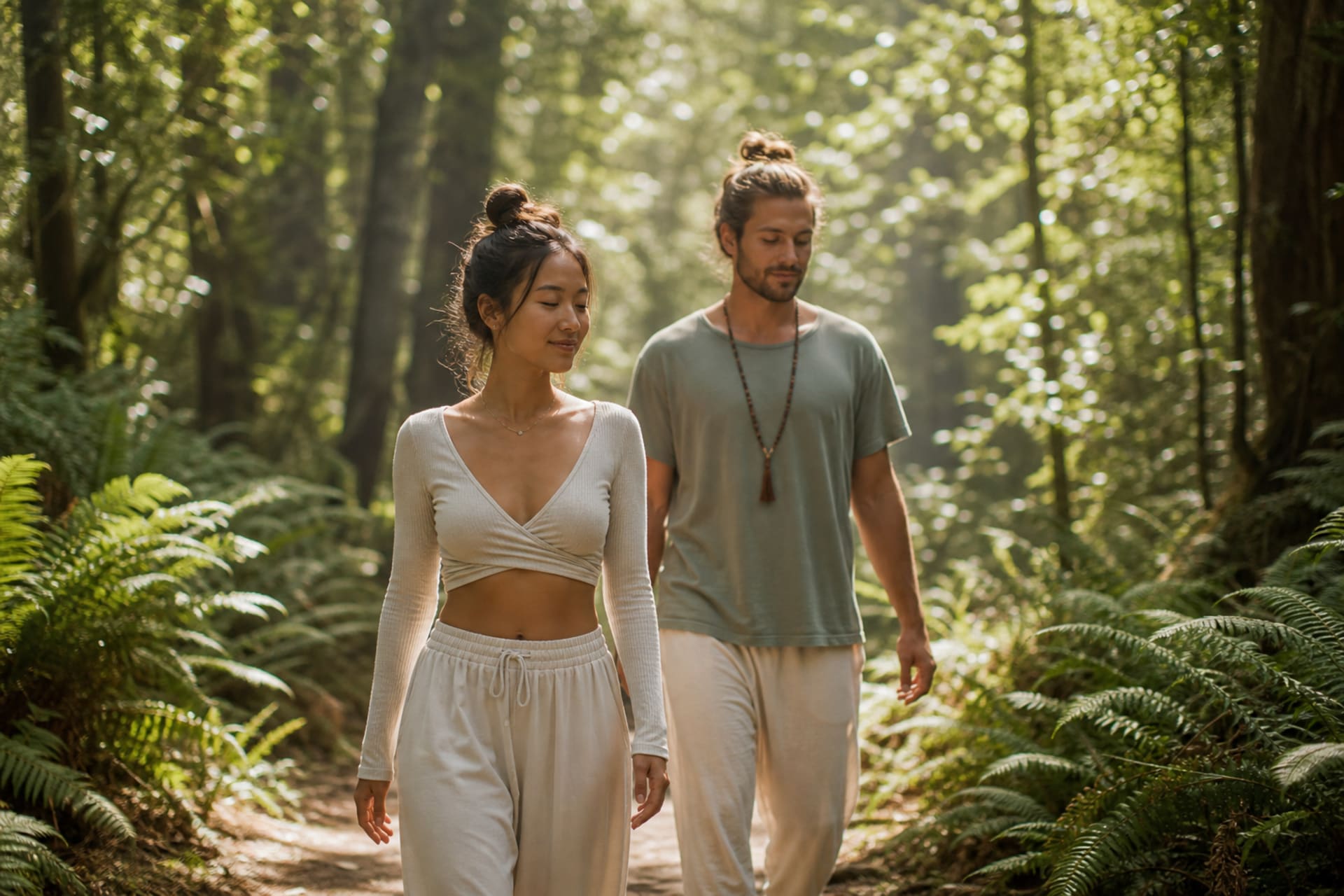 Mindful nature walk during a yoga wellness retreat on a peaceful forest path for grounding and mental clarity