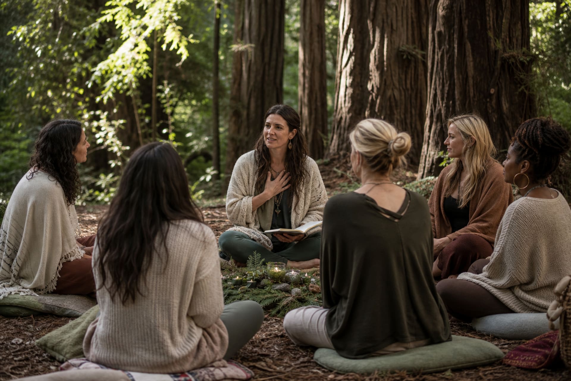 Women walking together through a peaceful landscape during a women's retreat in California emphasizing connection and nature-based healing