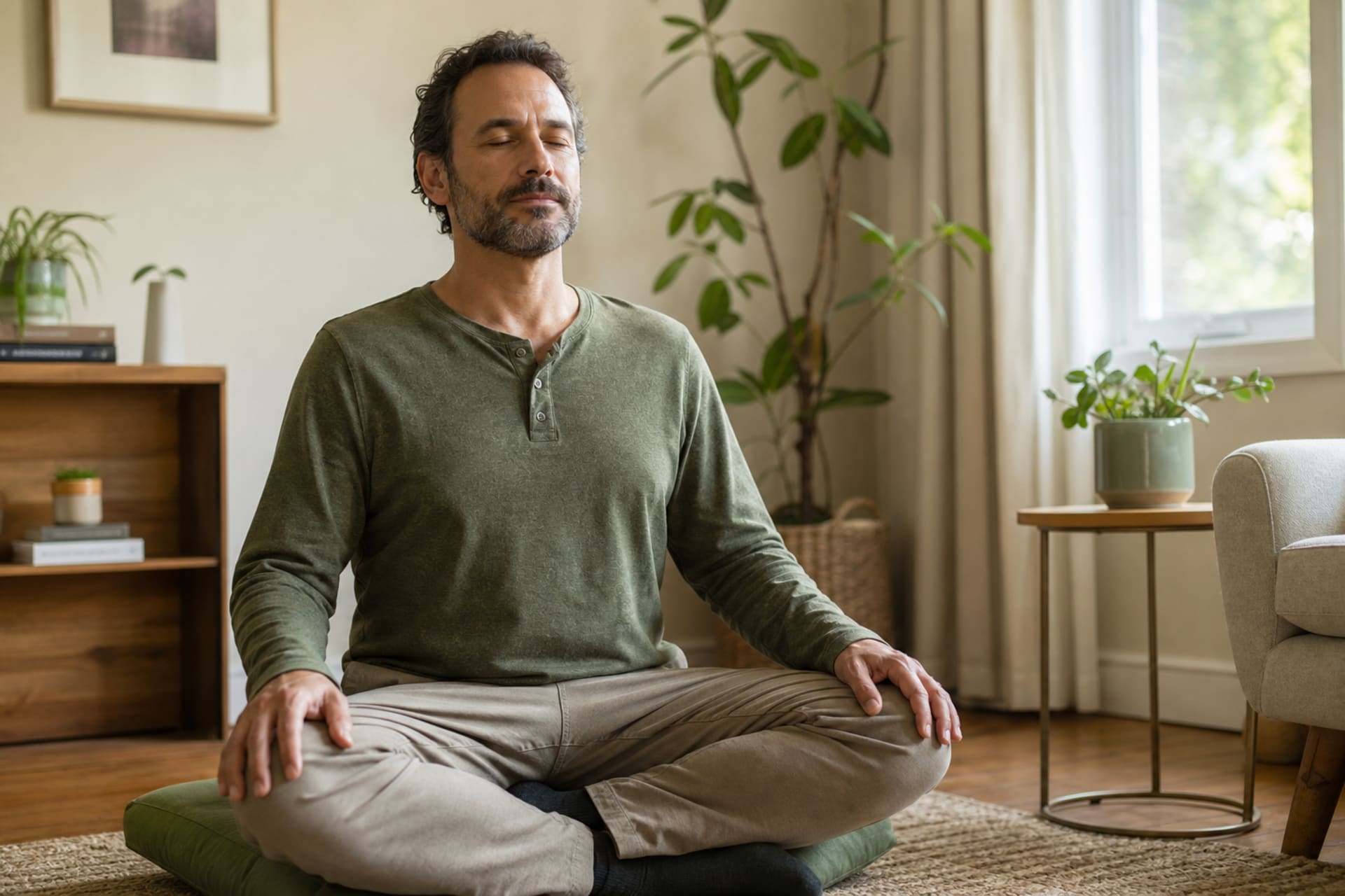 Person sitting quietly at home practicing mindfulness, without headphones