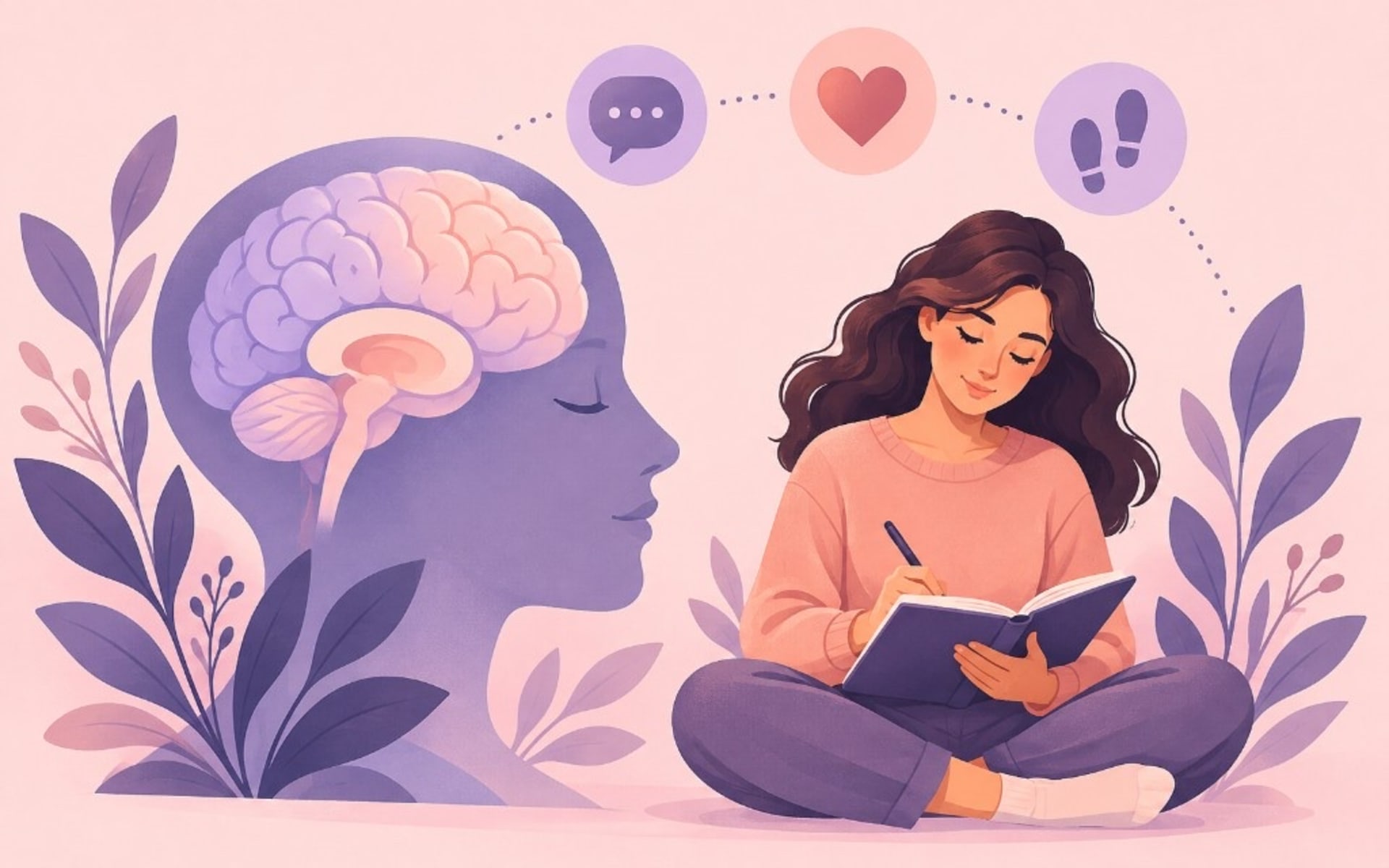 A woman journals beside a profile silhouette with a brain, plus icons for thought, feeling, and action.