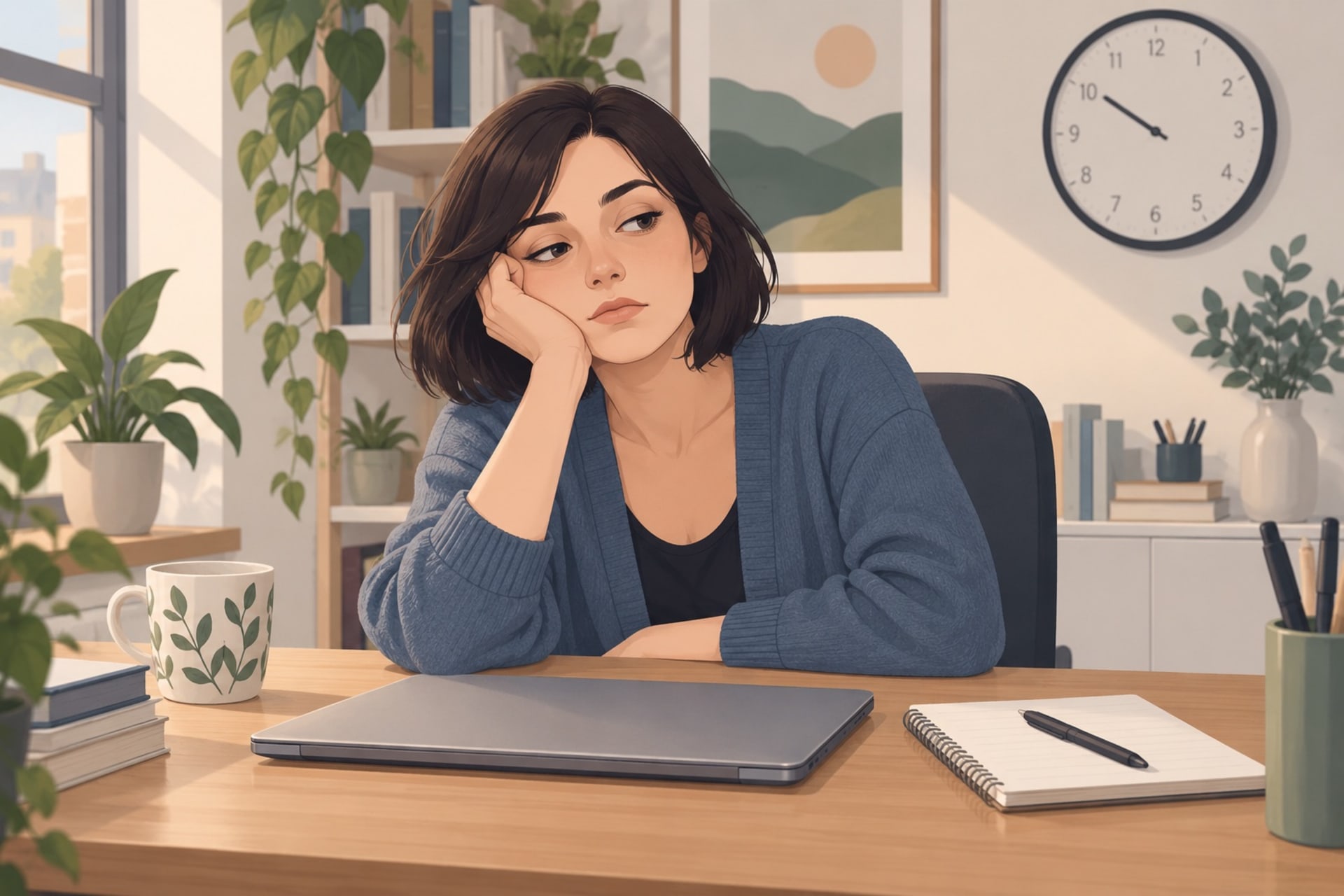 Woman slumped at her desk with her cheek in her palm, looking bored and disengaged from her routine near me.