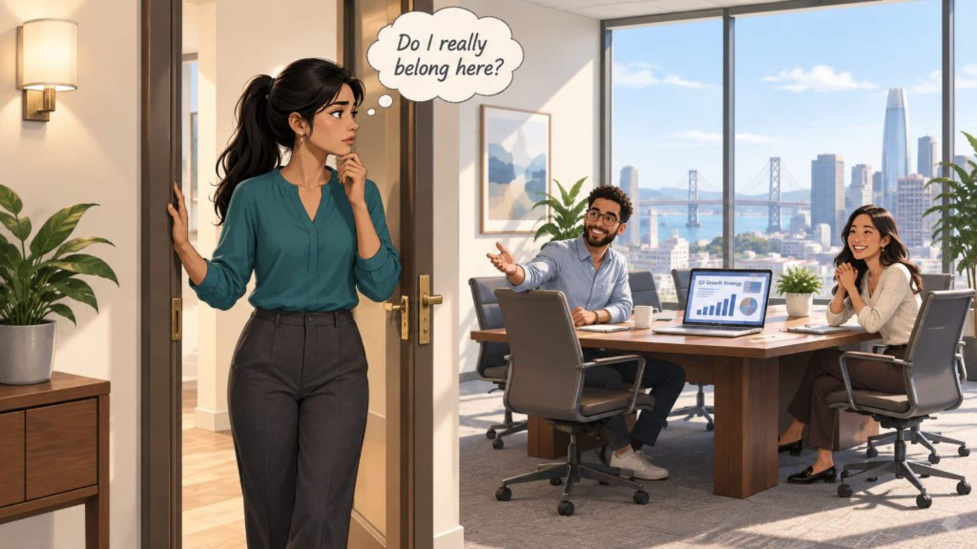 A woman pauses in an office doorway, wondering if she belongs, while colleagues wait at a conference table.