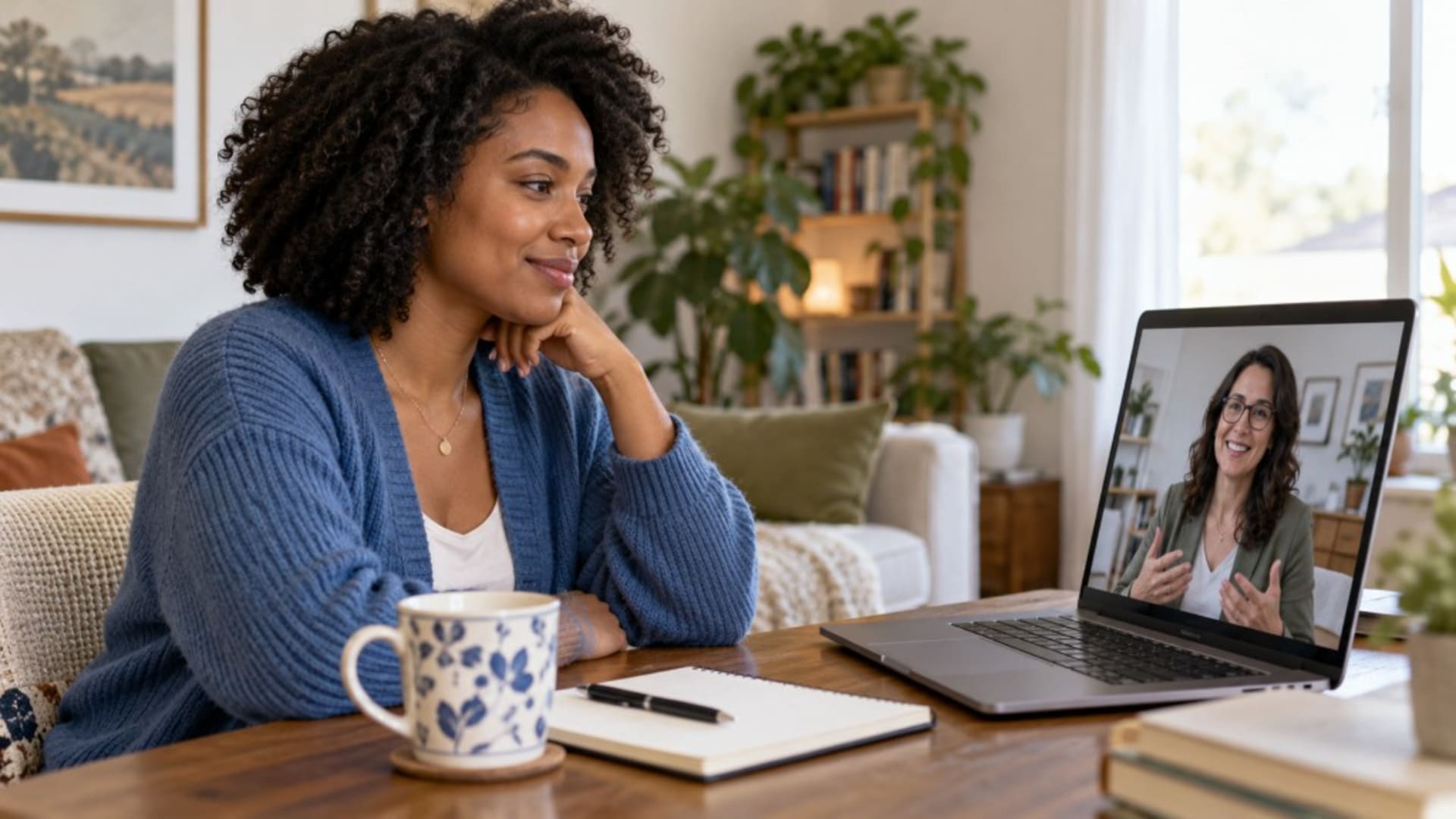 A woman at home joins an online ketamine-assisted psychotherapy session on her laptop.