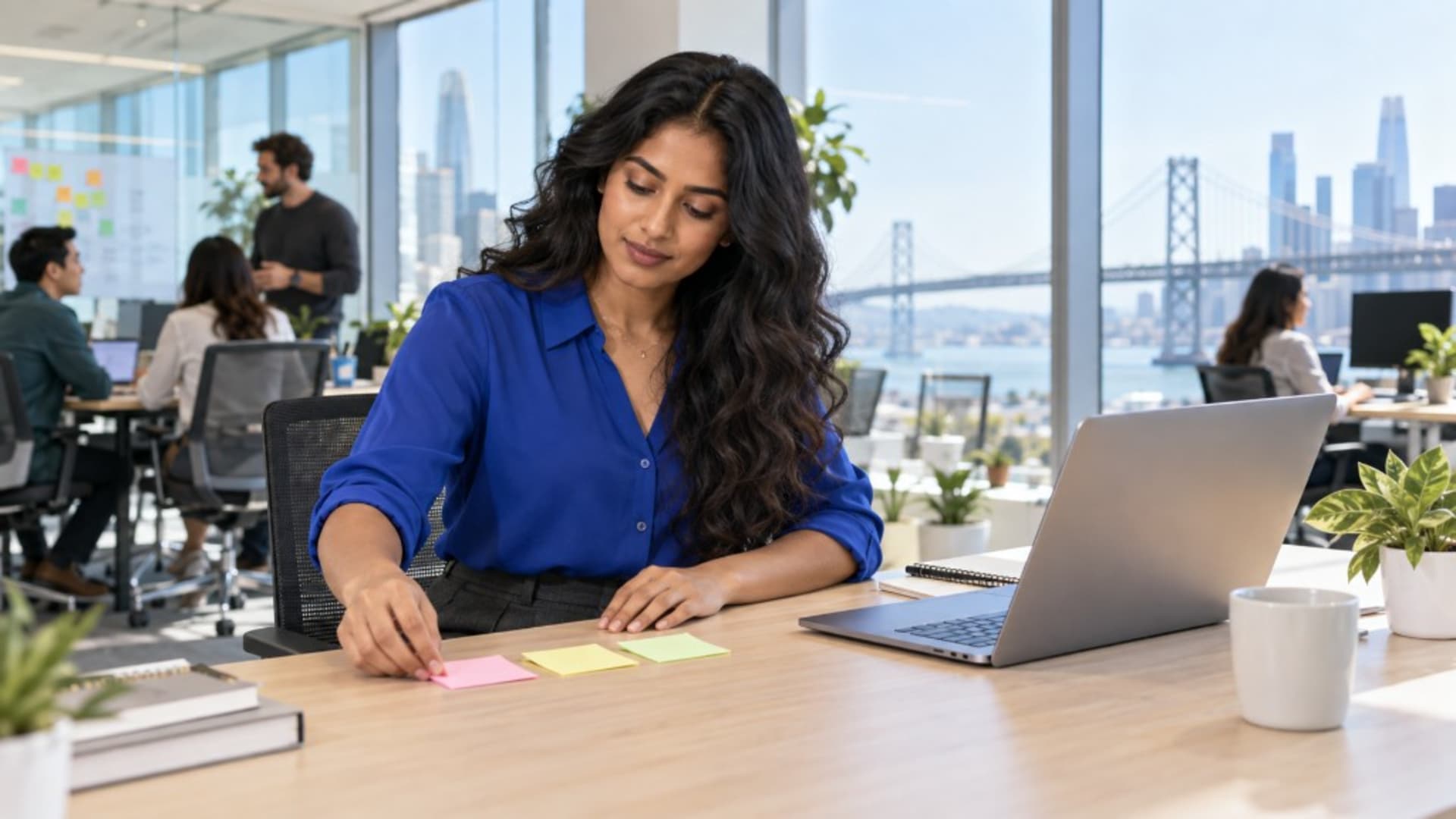 Goals for work: arranging priorities on sticky notes while looking out at the San Francisco Bay