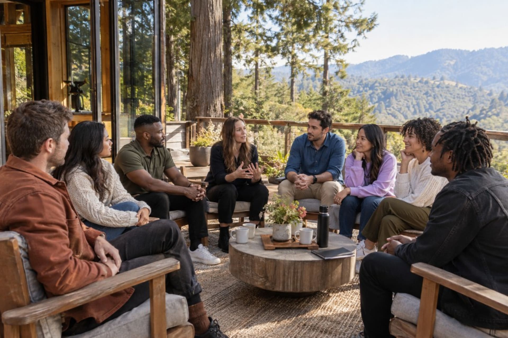 A therapist-led corporate retreat group session on a deck overlooking the hills