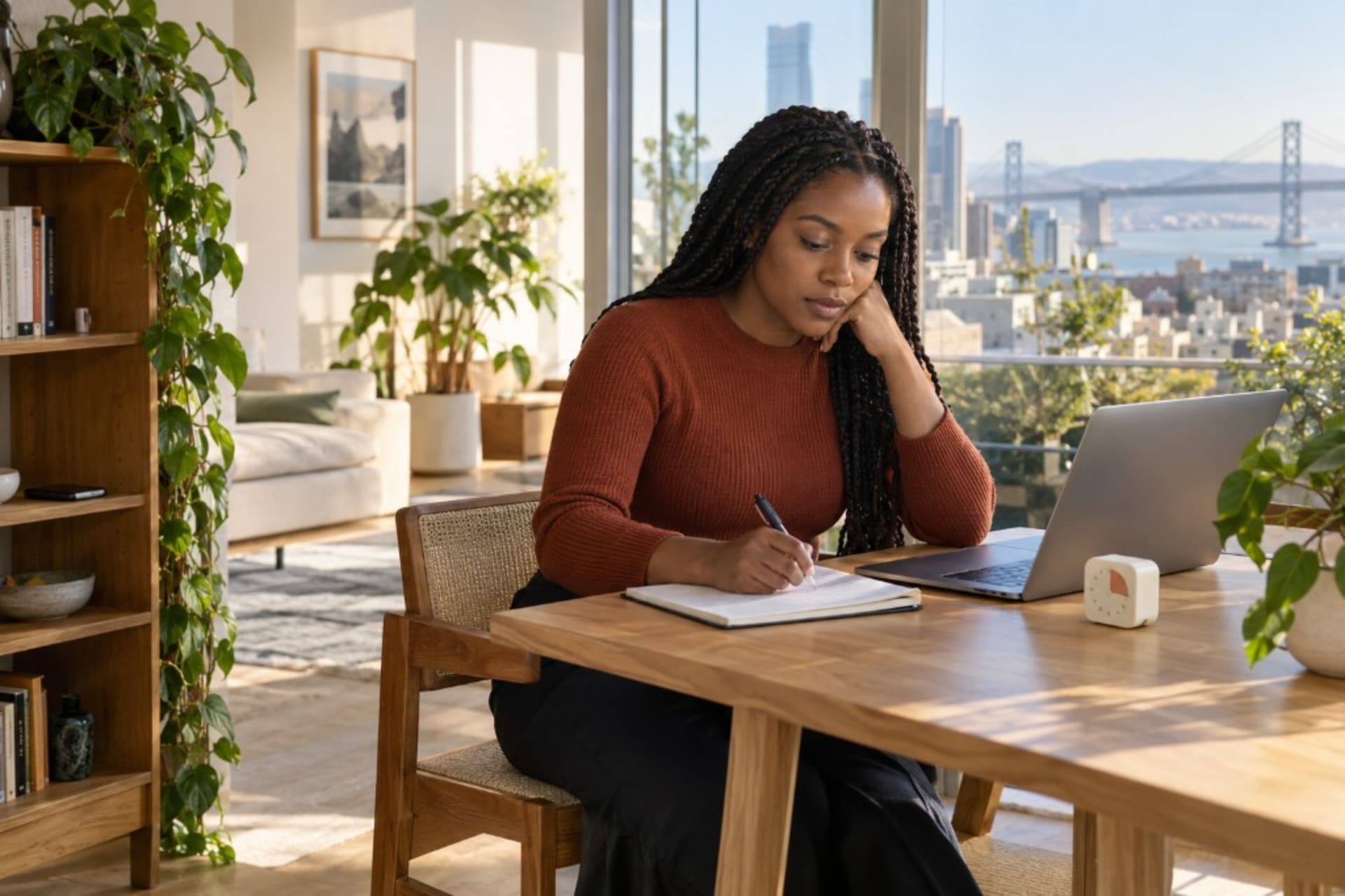 Working with sustained attention at a home desk: one notebook, one task, and a visual timer running