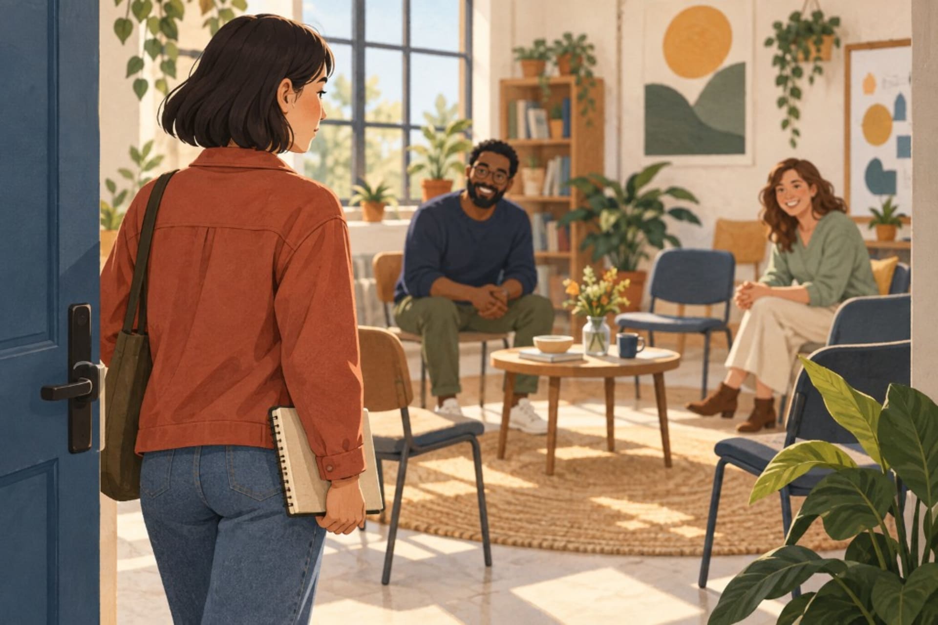 Pausing in the doorway of a therapy group before walking in, acting before the confidence arrives