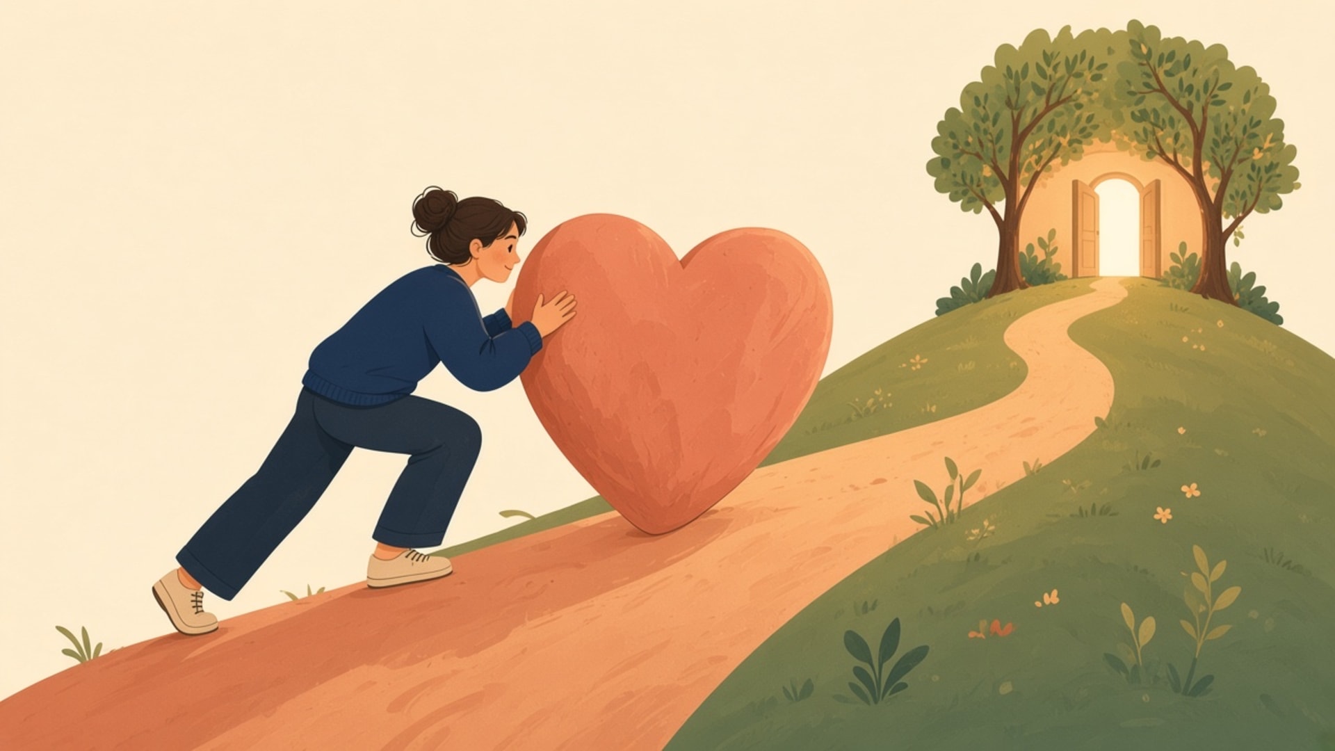 Masochist meaning in psychology: a person pushing a heart-shaped burden uphill toward an open path