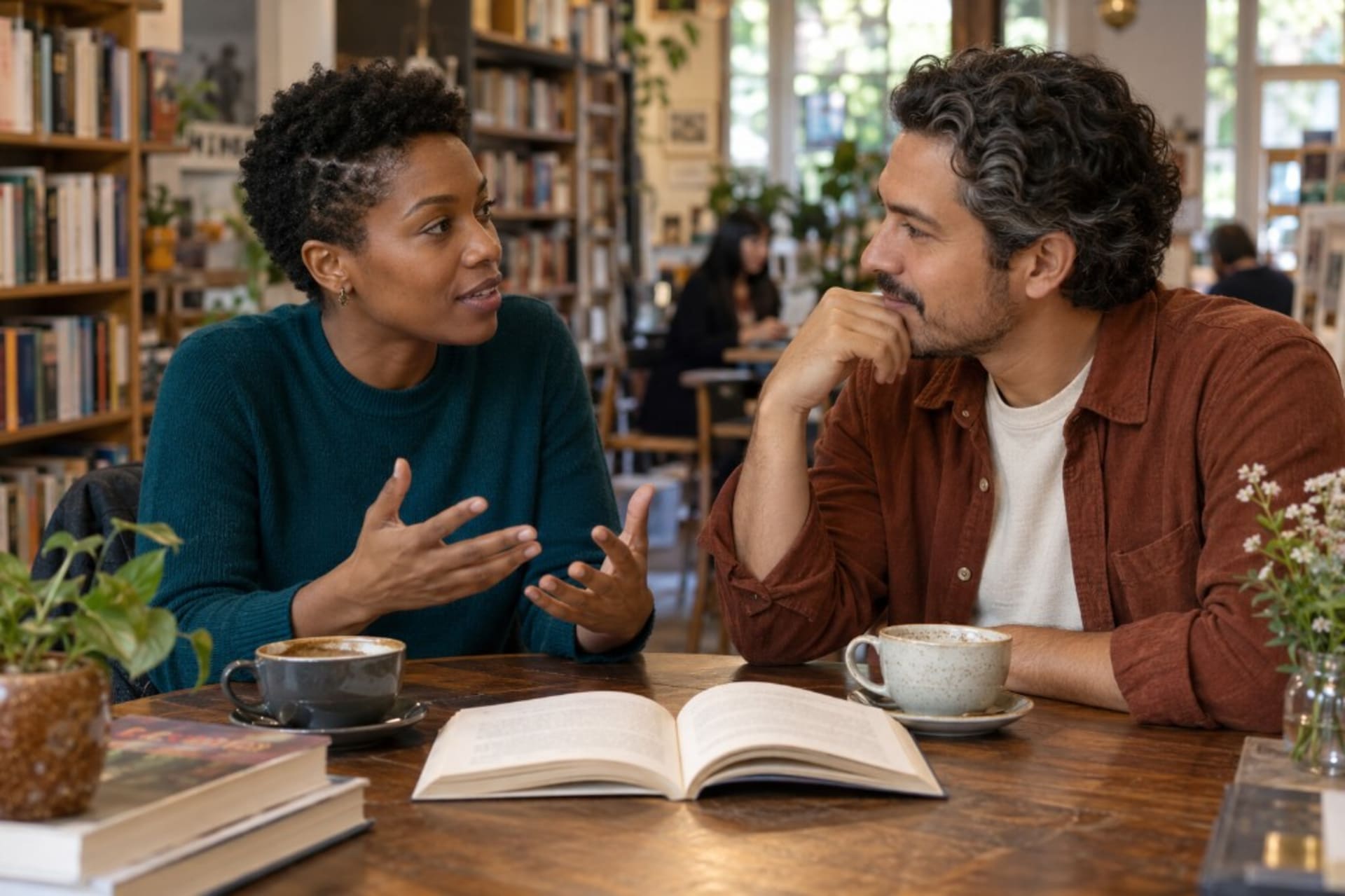 Two people in a bookstore cafe deep in conversation over an open book, attraction building through ideas