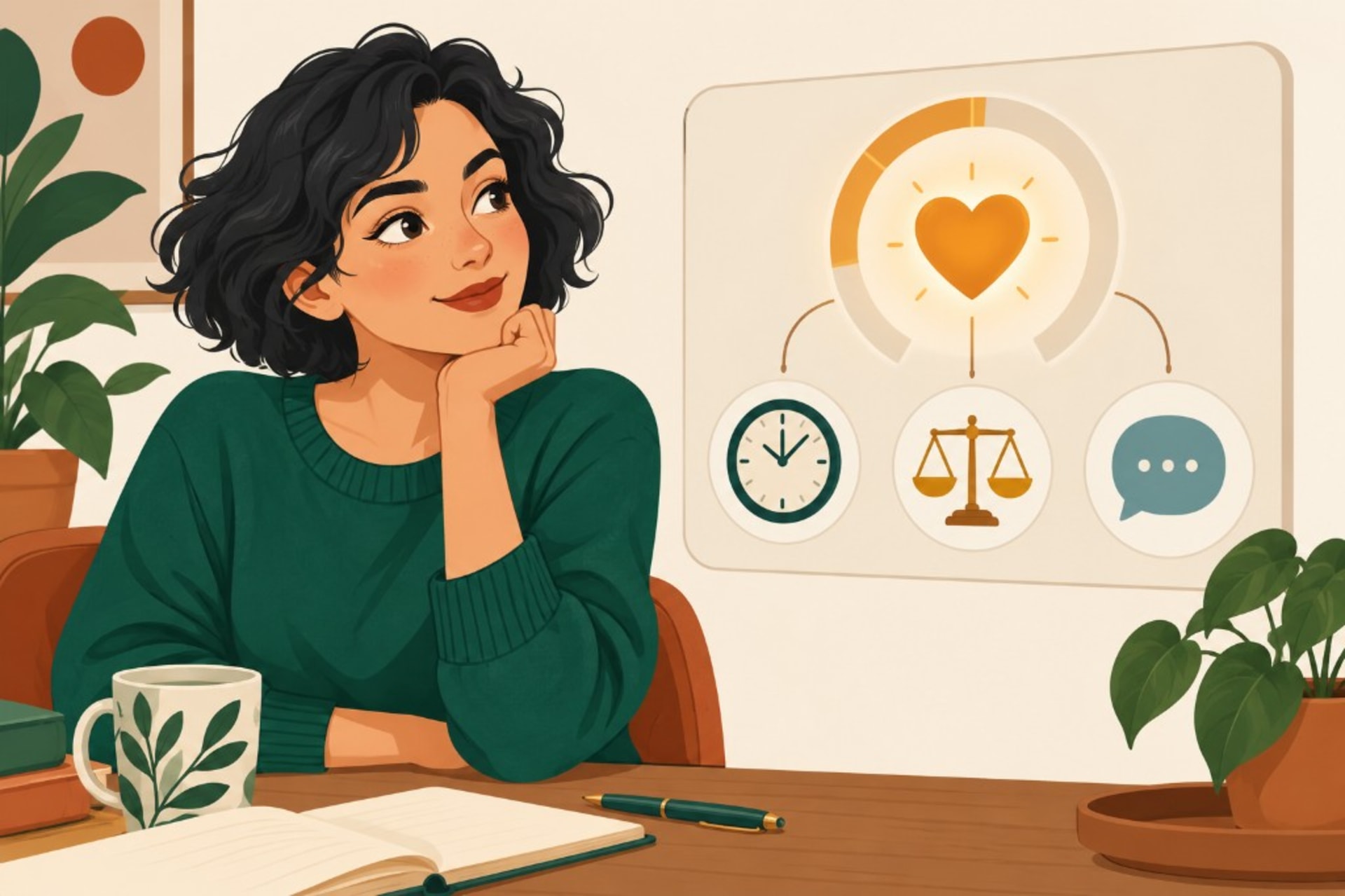 A woman at her desk looking up at a diagram of what resentment points to: time, fairness, and being heard