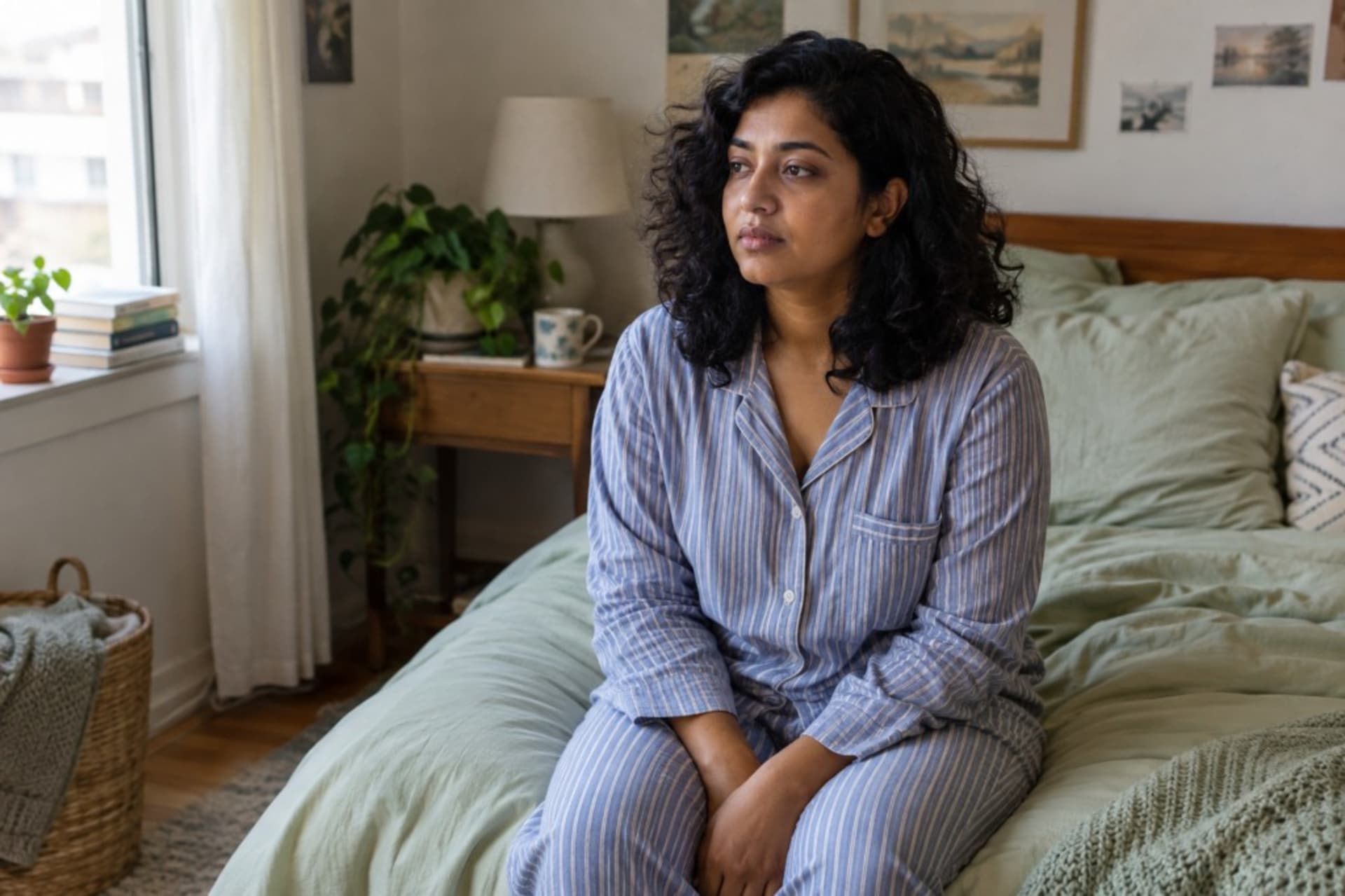 Woman sitting on the edge of her bed in striped pajamas looking drained, showing what it feels like to be lethargic