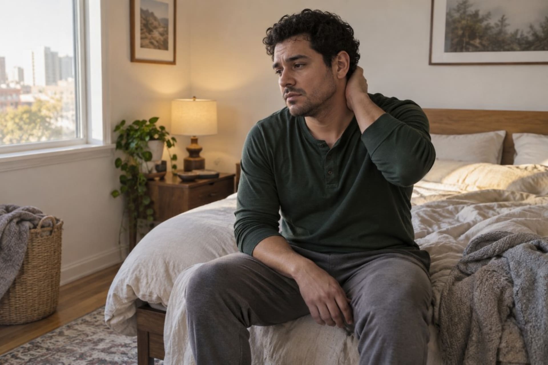 Man sitting on the edge of his bed holding his neck, showing the physical exhaustion of burnout