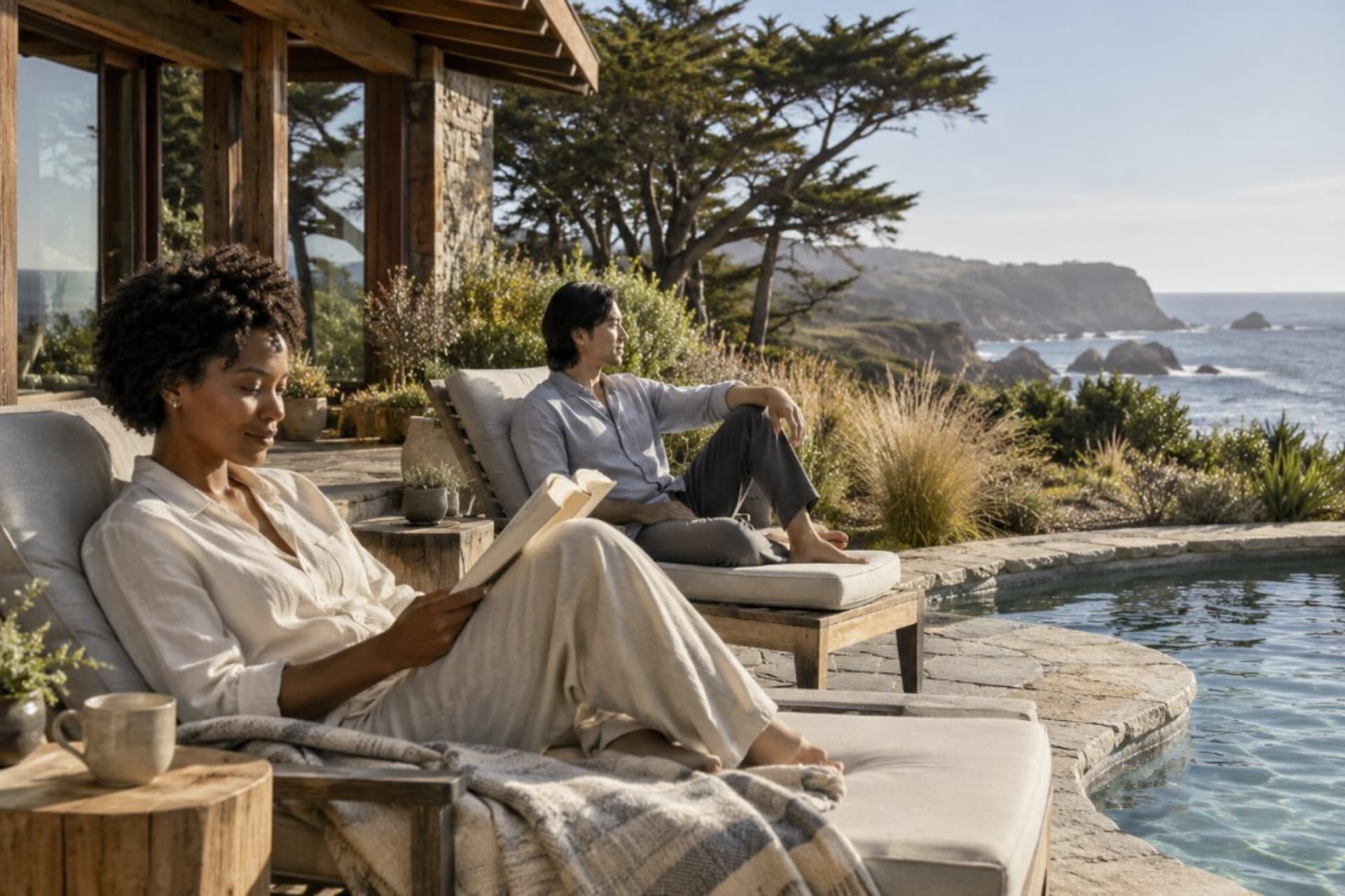 Woman reading by a coastal pool while a partner rests nearby, showing a spa retreat that supports rest and mental health