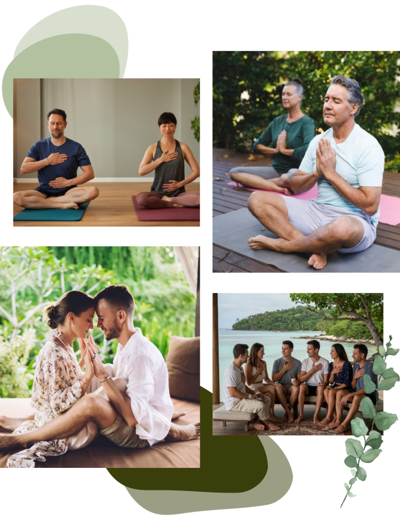 Collage of couples meditating, a couple touching foreheads, and a small group seated with hands on their hearts.