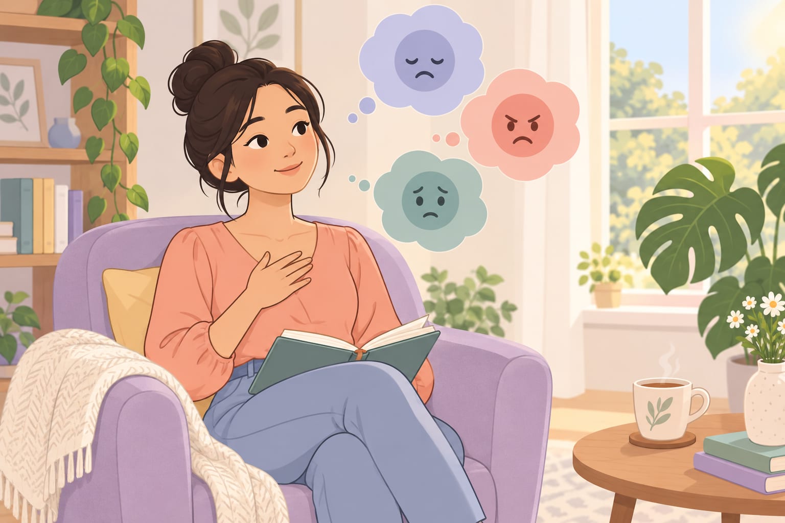A woman sits in a lavender armchair with a hand on her chest and an open book in her lap, naming sad, angry, and worried feelings in thought bubbles.