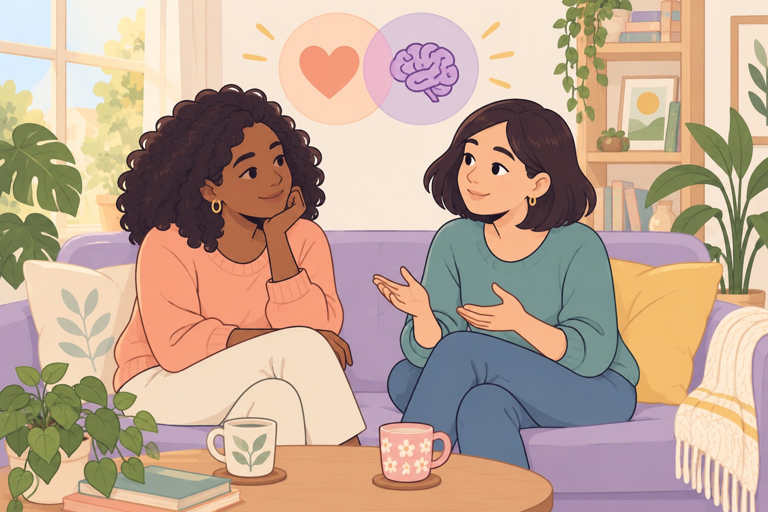 Two women sit on a lavender sofa talking, with overlapping heart and brain icons above them for warm empathy and cognitive perspective taking.