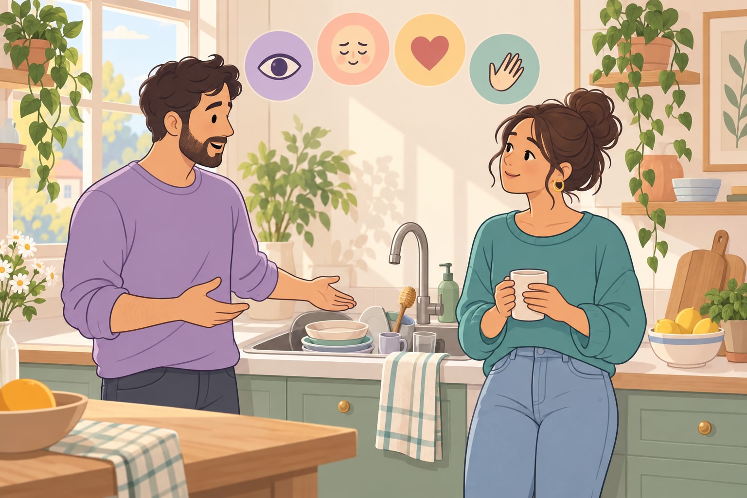 A man and a woman talk beside a kitchen sink of dishes, with icons for observation, feeling, need, and request above them.