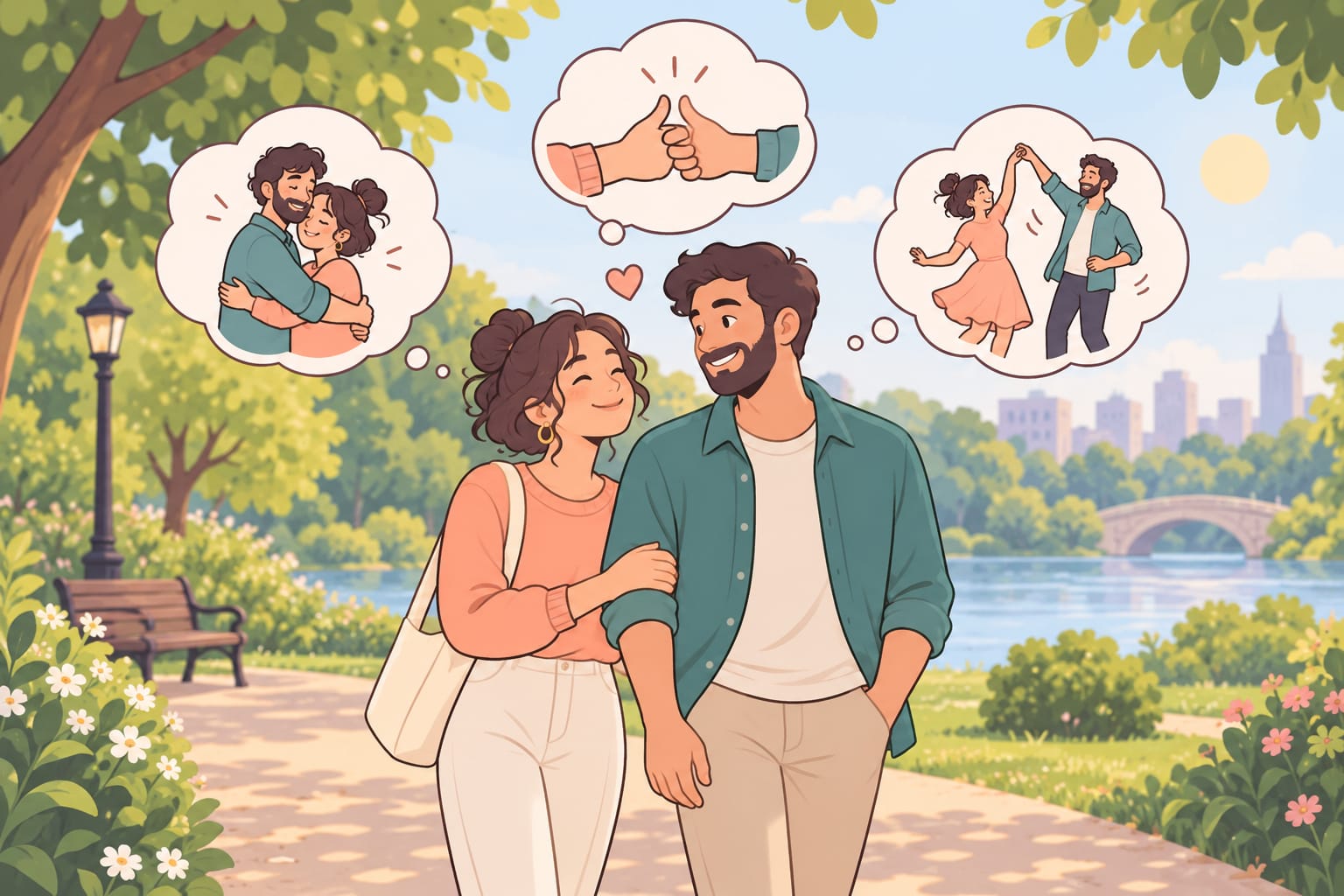 A couple walks arm-in-arm through a sunny park, picturing a hug, holding hands, and dancing as different ways to meet a need for affection.