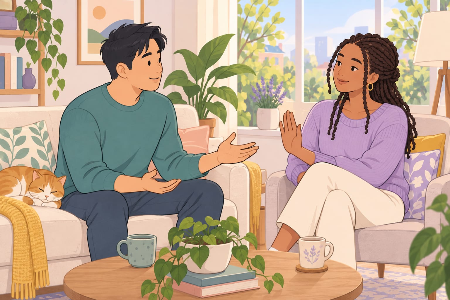 A man on a sofa makes an open-handed request while a woman in an armchair listens with one hand raised, a cat sleeping beside him.