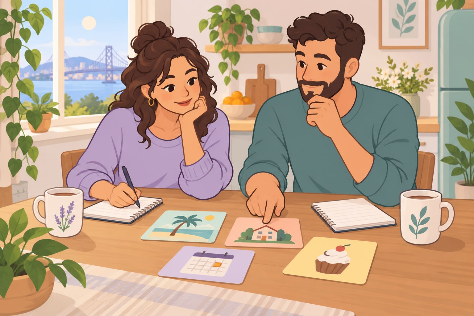 A couple sits at a kitchen table with notebooks, coffee, and cards showing a beach, a house, a calendar, and a cupcake while they negotiate plans.
