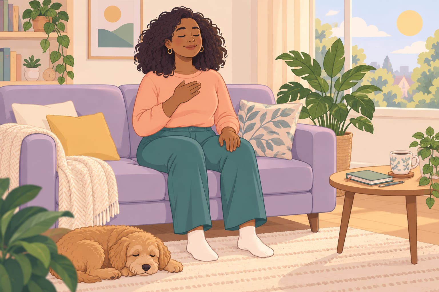 A woman sits on a lavender sofa with eyes closed and a hand on her heart, practicing self-compassion while a golden doodle sleeps on the rug.