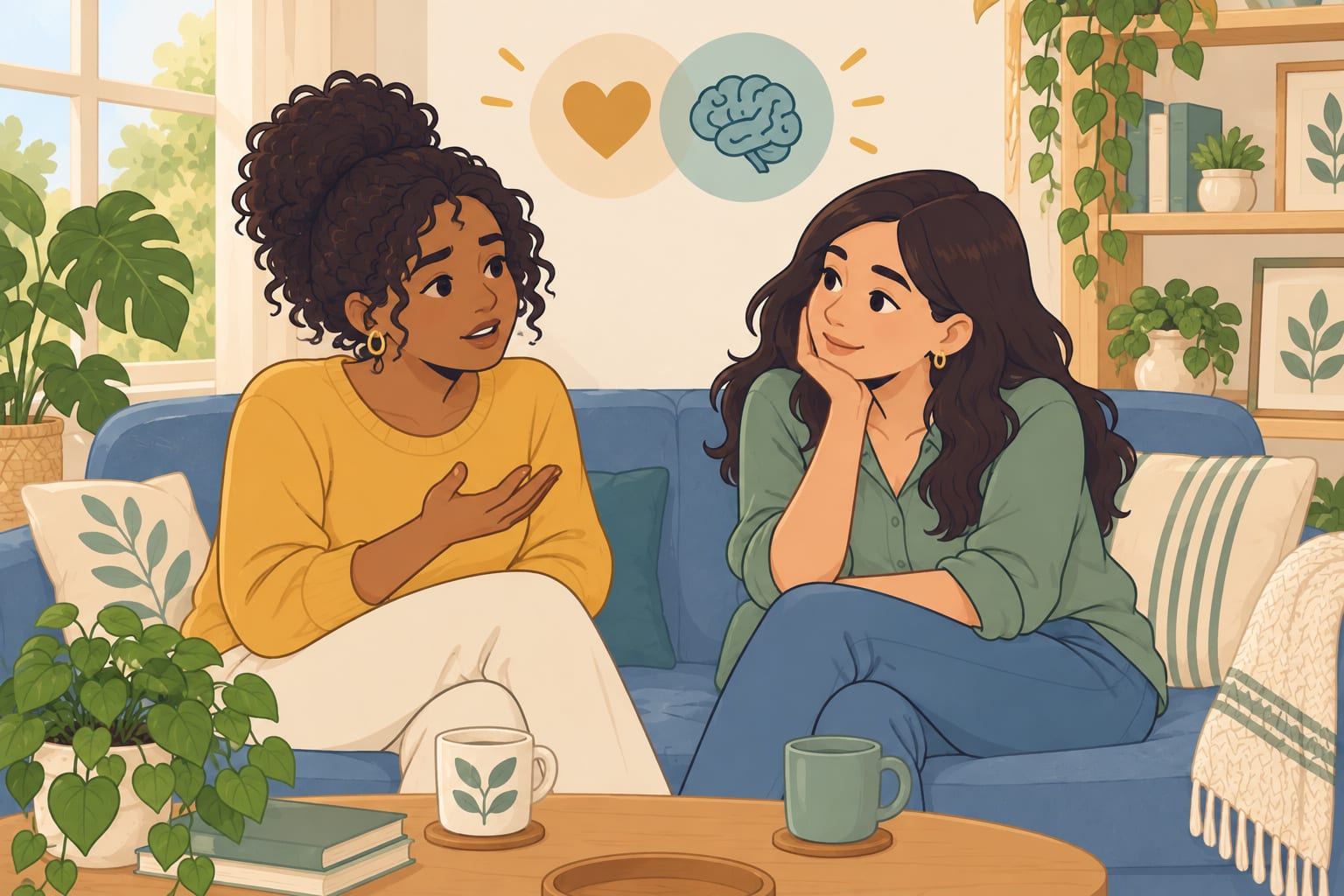 Friends demonstrating emotional connection and thoughtful understanding during a conversation.