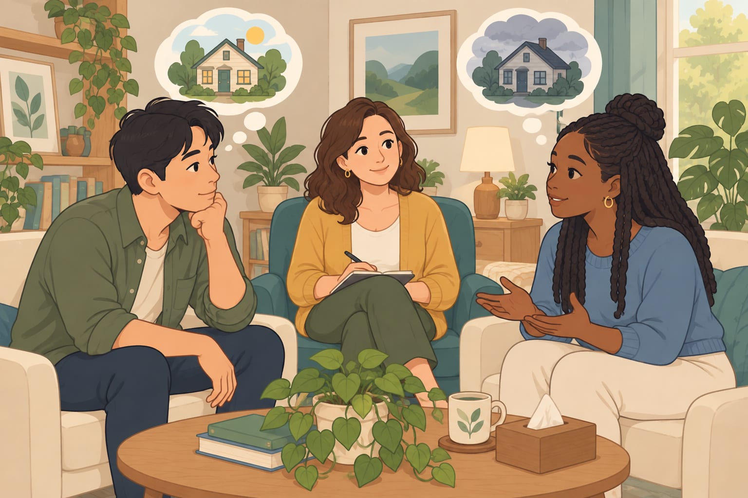 Partners considering one another's perspectives with support from a therapist.