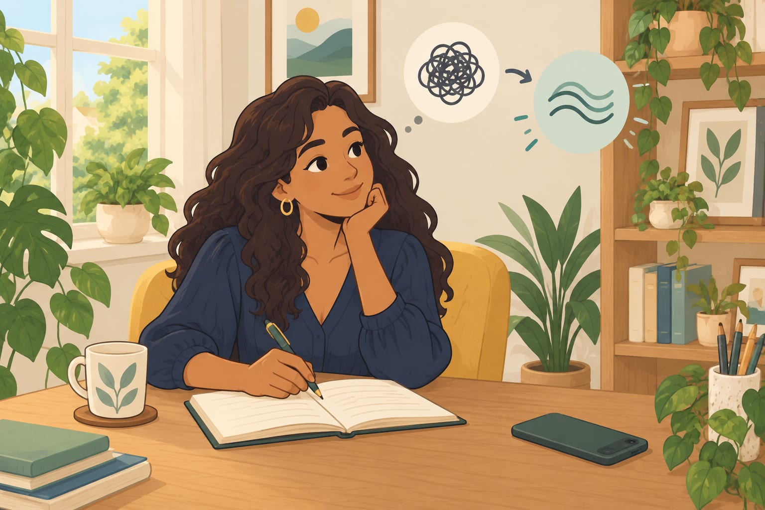 Woman examining automatic thoughts and writing a more balanced interpretation.