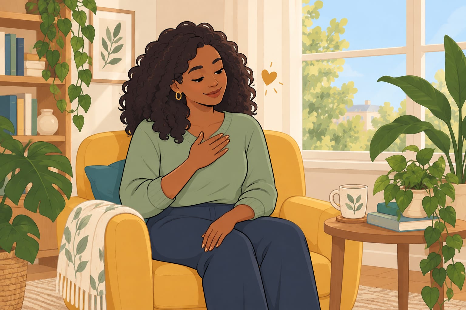 Woman practicing a self-compassion break with a hand over her heart.