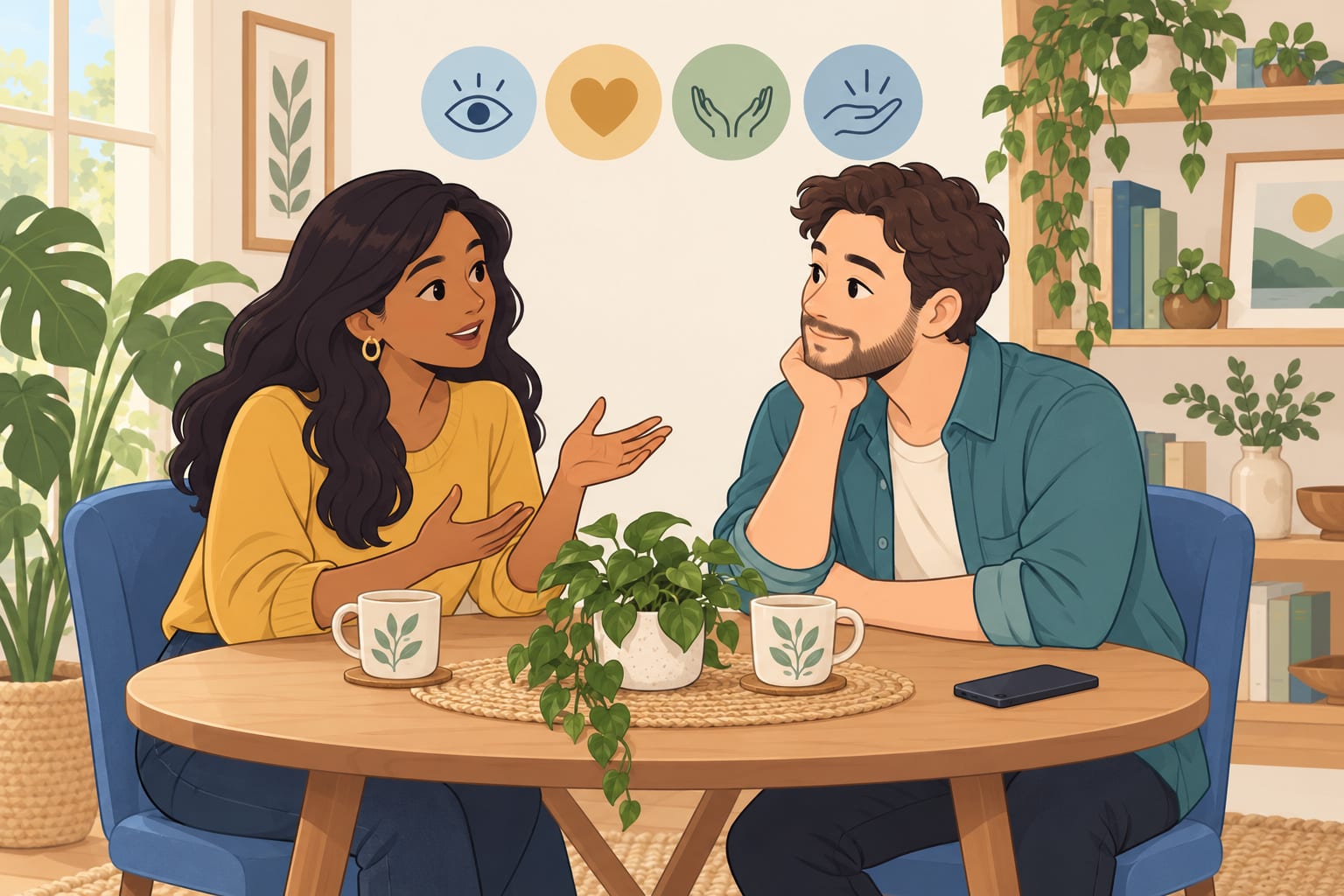 Couple expressing feelings and needs while giving each other their full attention.