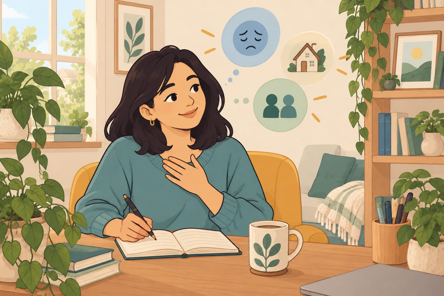 Woman reflecting on her emotions and underlying needs in a journal.