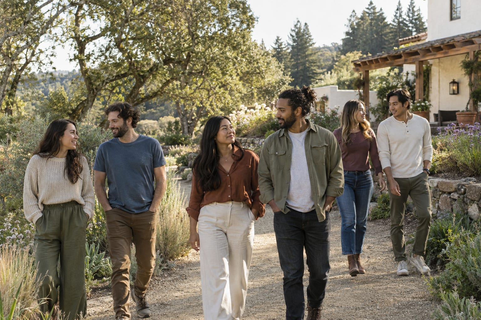 Six adults walk and talk along a sunlit garden path at a California emotional healing retreat, with a stucco lodge behind them.