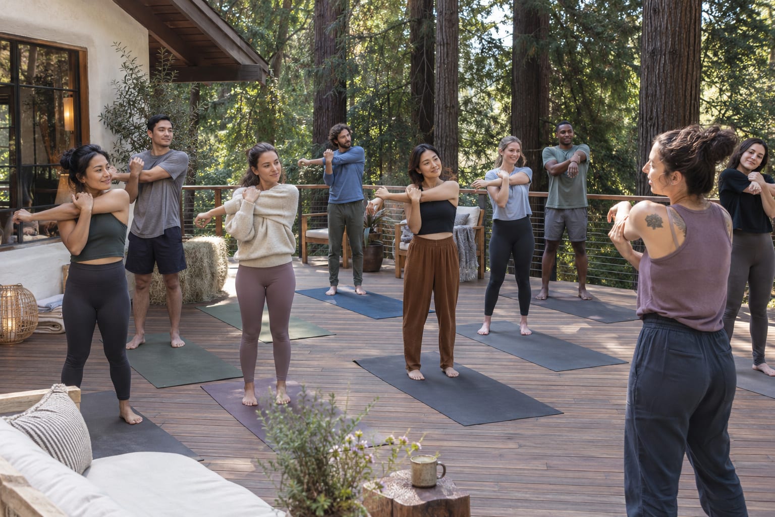 A yoga instructor leads a small group stretching on mats on a redwood deck during a yoga retreat overlooking the forest.