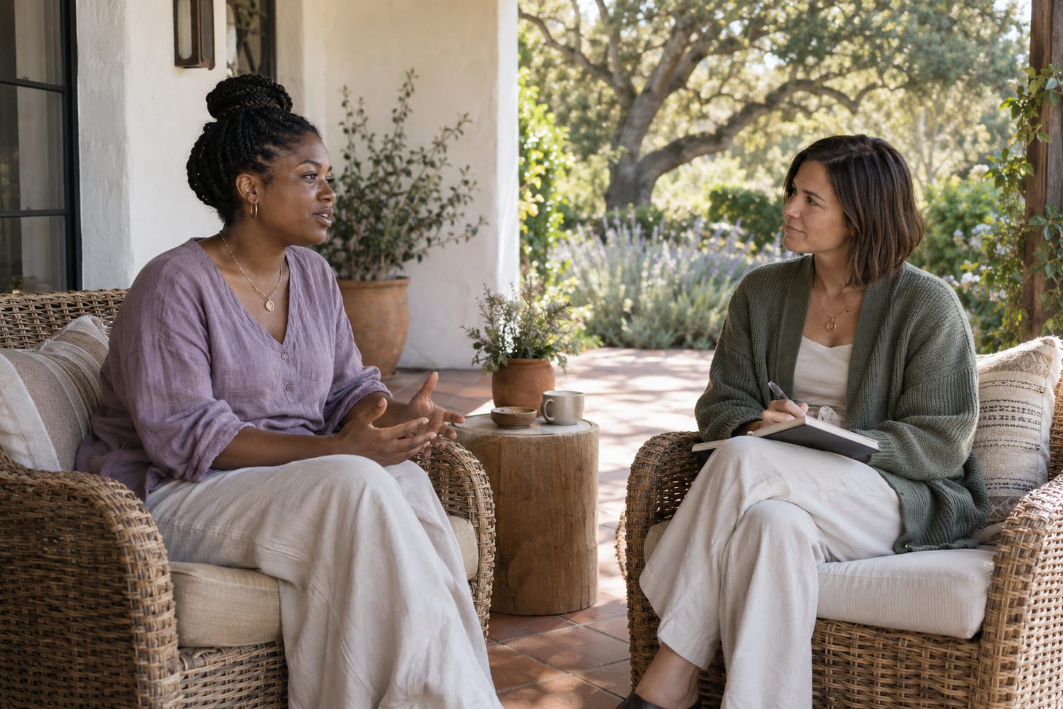 A licensed therapist takes notes while a client talks on a sunlit patio during individual therapy at a <a href=