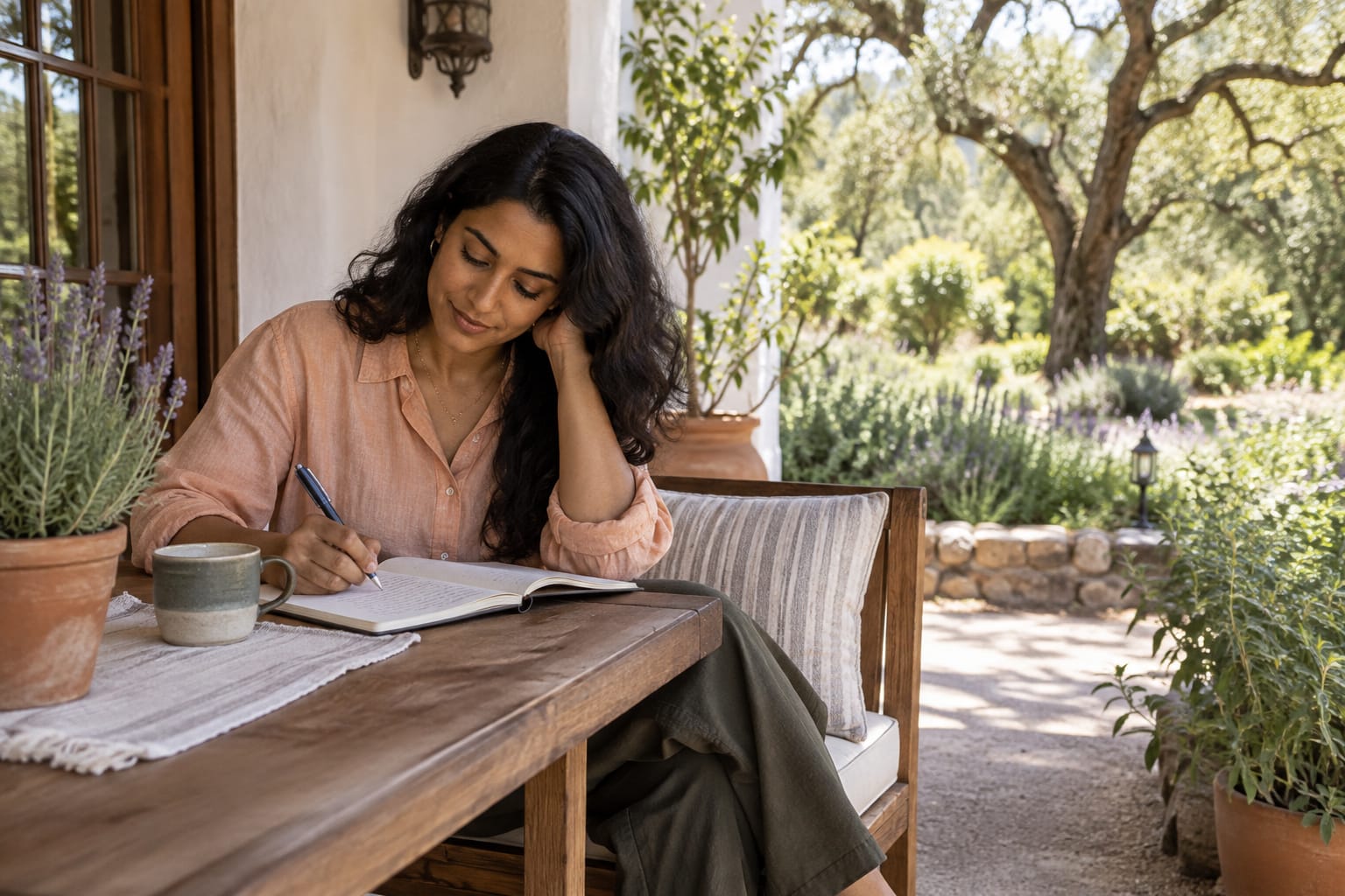 A woman journals in a notebook at an outdoor wooden table beside lavender, reflecting during a healing retreat.