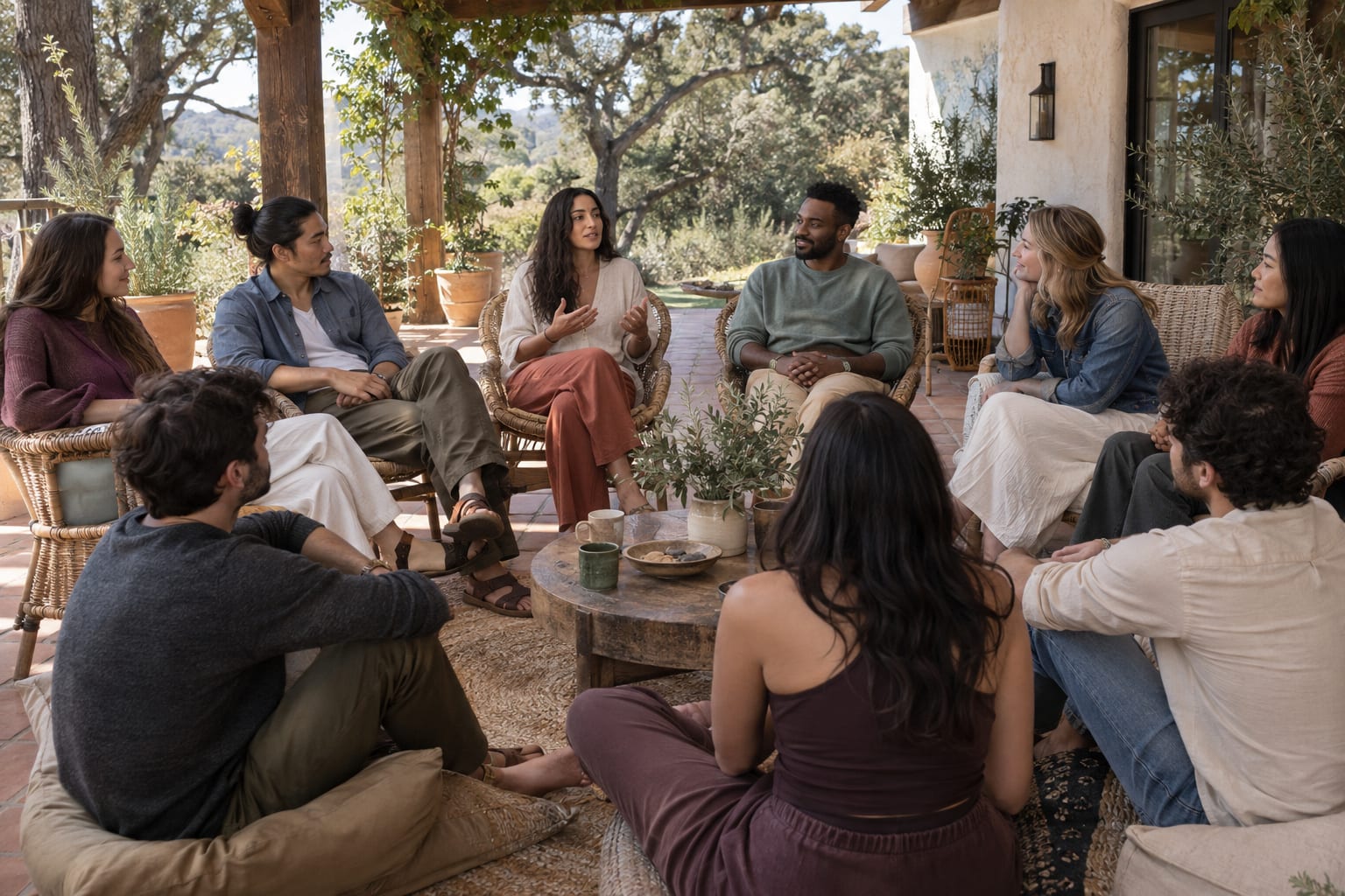 A small group sits in a circle on a covered terrace for group therapy at an emotional healing retreat.