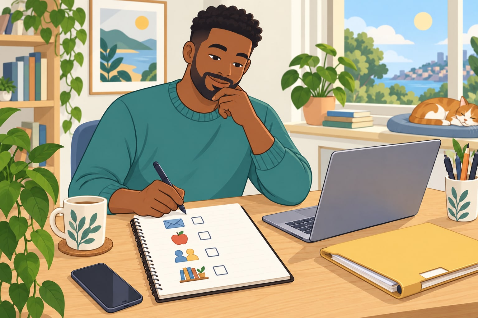 A man in a green sweater writes a four-item checklist of admin, health, relationships, and home tasks in a spiral notebook at a sunlit desk.