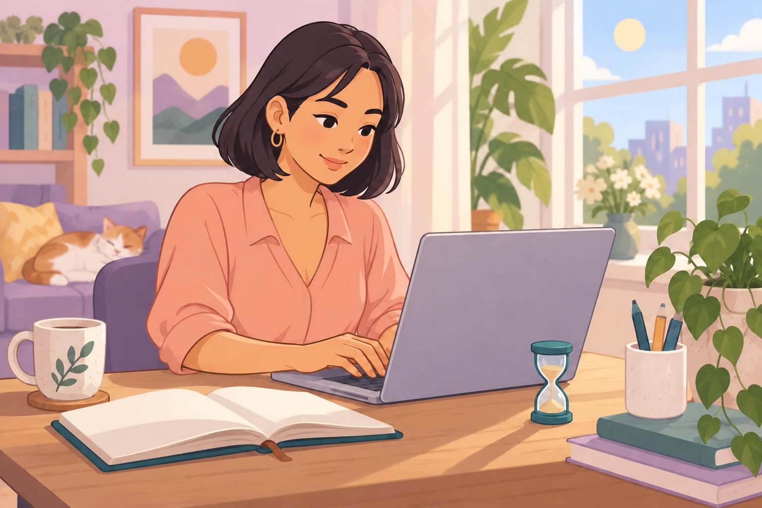 A woman in a peach shirt types on a laptop at a wooden desk with an hourglass, an open notebook, and a sleeping cat on the sofa behind her.