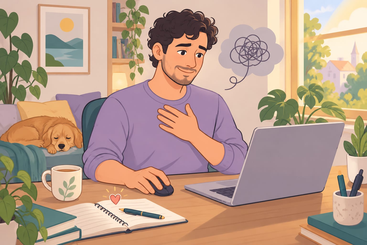 A man in a purple sweater sits at a laptop with one hand on his chest and a tangled-scribble thought bubble, noticing the feeling in his body.