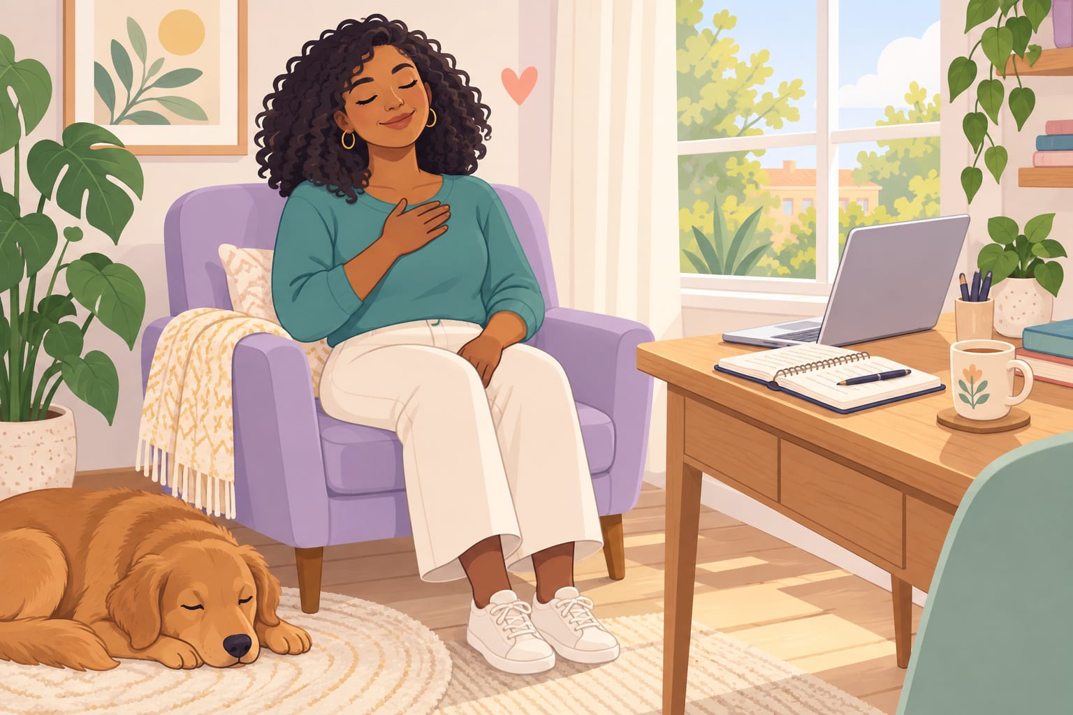 A woman sits in a lavender armchair with her eyes closed and a hand on her heart, practicing self-compassion while a golden retriever sleeps on the rug.