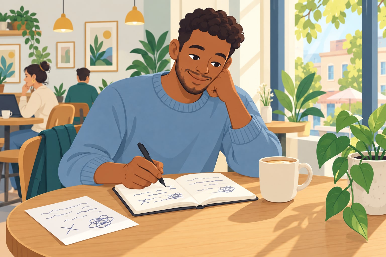 A man in a purple sweater journals at a cafe table, crossing out a tangled-scribble thought on a nearby sheet of paper.