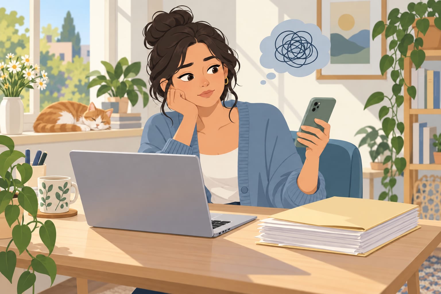 A woman in a purple cardigan sits at a sunny desk with a laptop and a stack of files, looking at her phone with a tangled-scribble thought bubble while a cat sleeps on the windowsill.