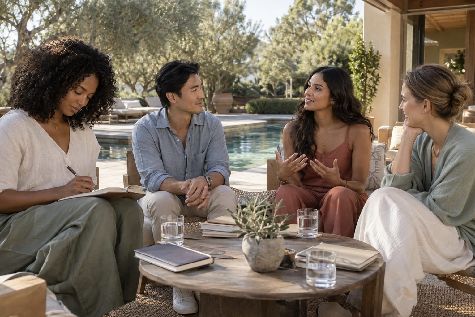 Luxury wellness retreat group therapy by the pool with expert guidance