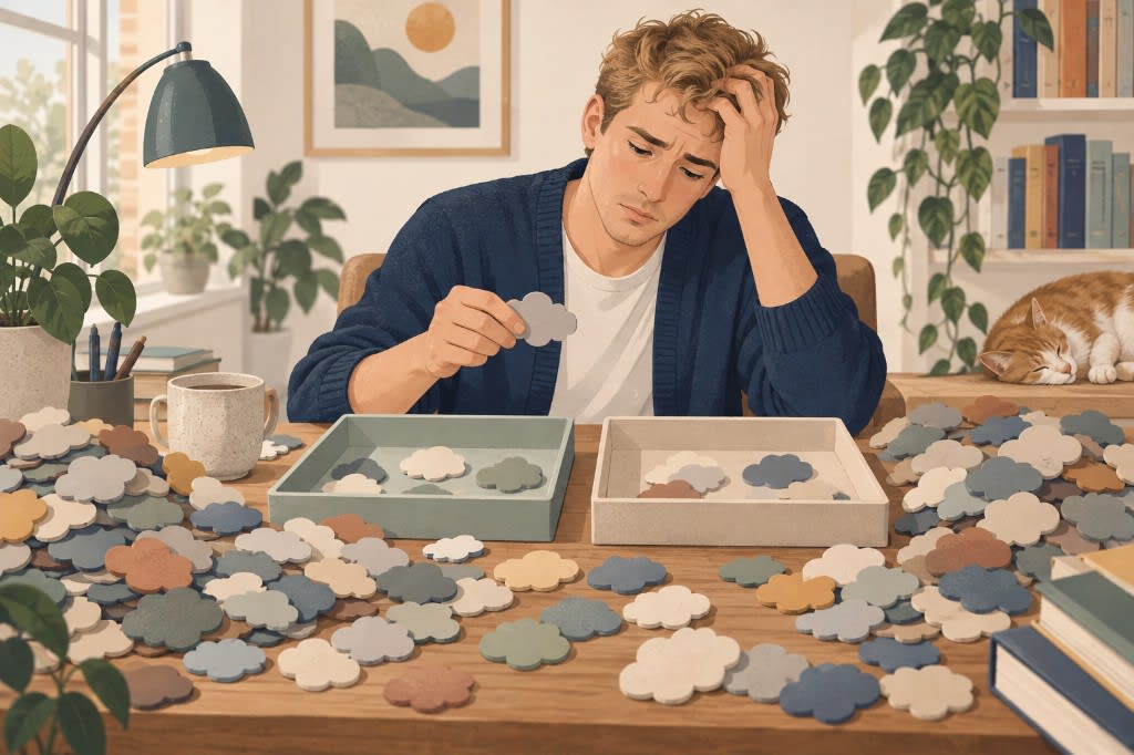 A man at his desk sorting cloud-shaped tiles into two trays, trying to separate his good thoughts from his bad ones