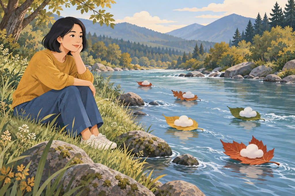A woman sitting on a riverbank watching leaves carry small clouds downstream without reaching in to stop them