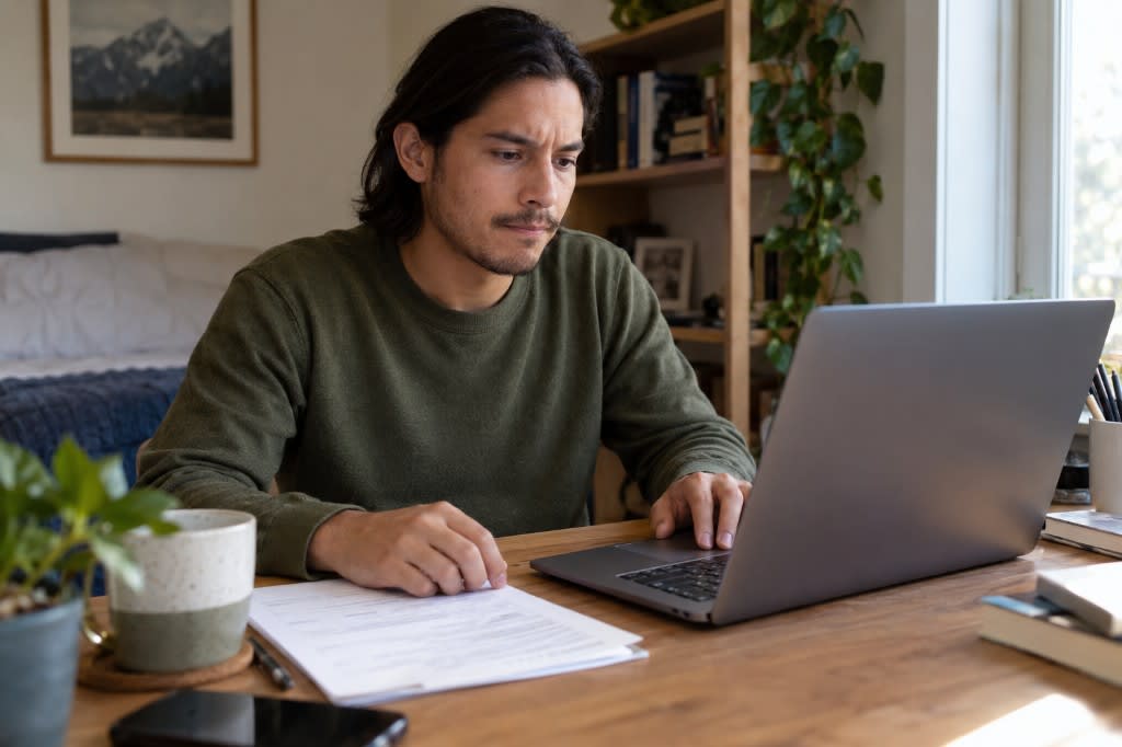 A man working through paperwork at his laptop with a doubtful expression, doing what matters without waiting to feel certain