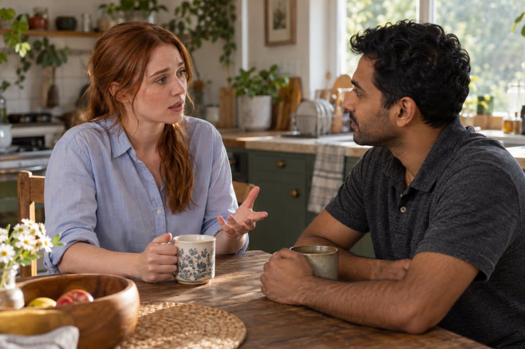 A couple at their kitchen table having an honest conversation over coffee