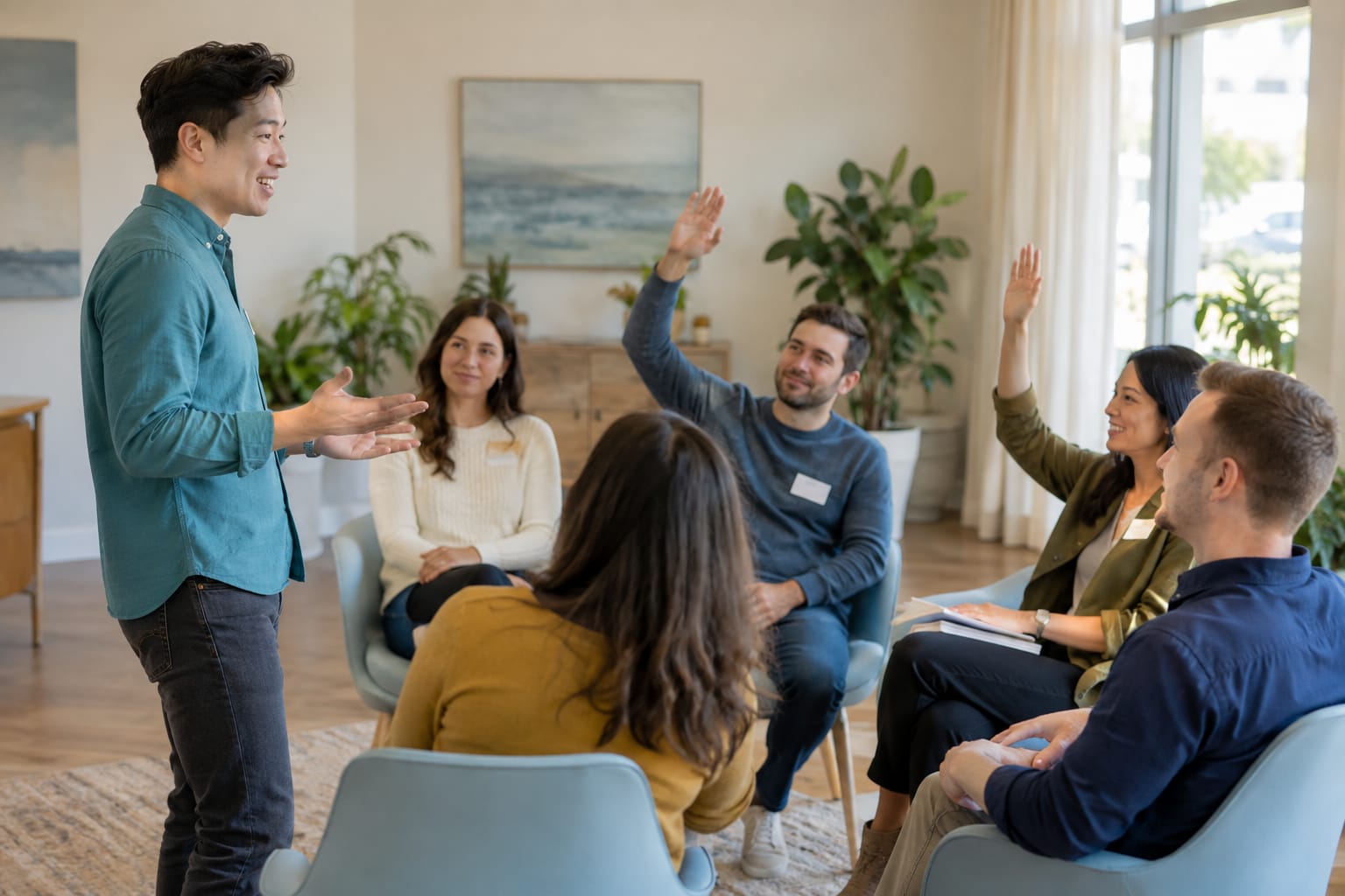 Engaging an audience during a talk as listeners raise their hands to participate