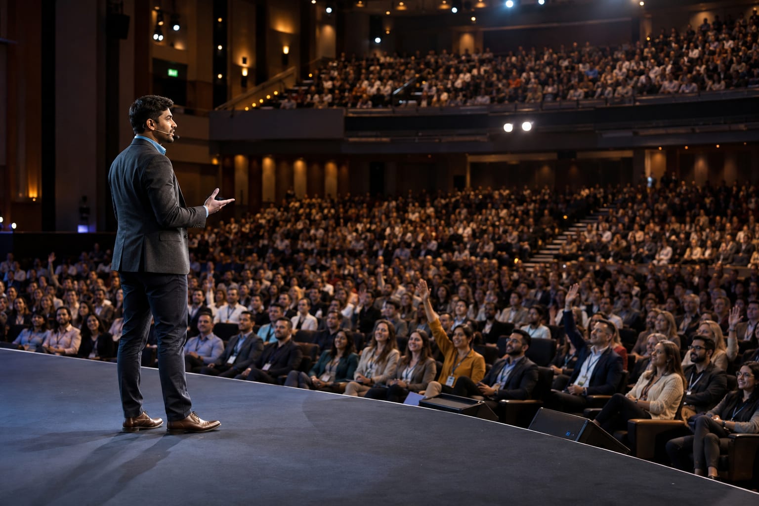 Public speaking in 2026: a speaker addresses a large auditorium audience with raised hands