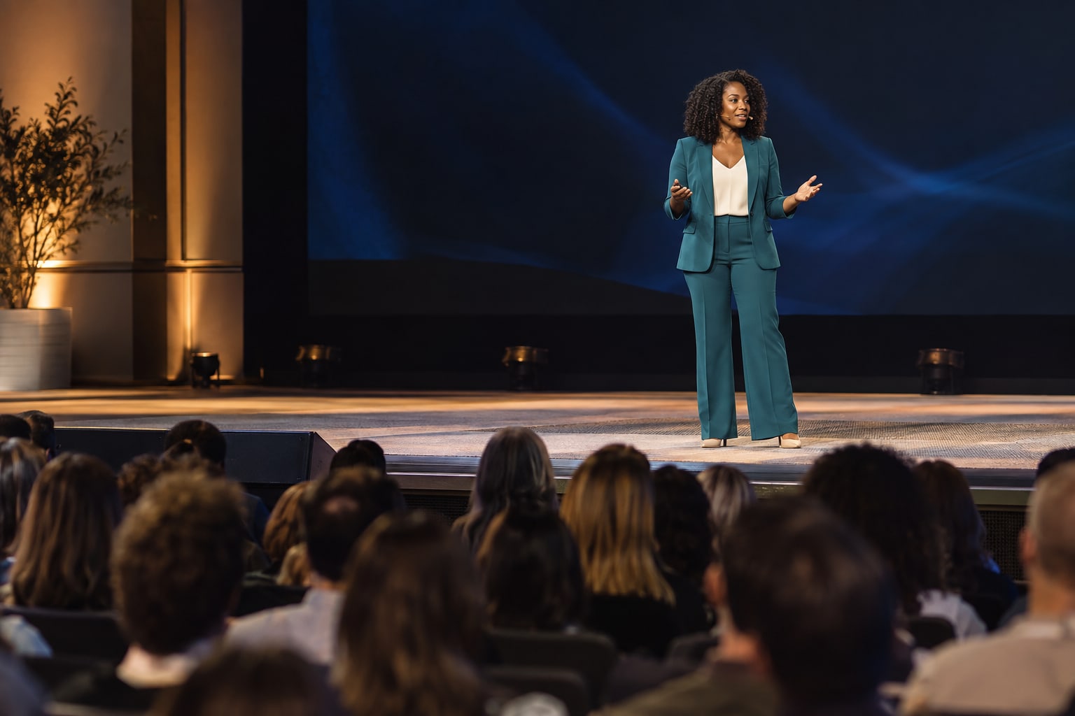 Public speaking tips: a confident speaker in a teal suit presents on stage to a live audience